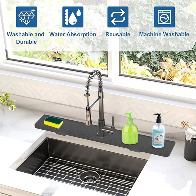 LVJING 33 inch Sink Splash Guard Mat, Sink Faucet Drying Mat, Silicone Faucet Handle Drip Catcher Tray, Longer Silicone Sink Mat for KitchenBathroom, Drip Protector Splash Countertop (Black)
