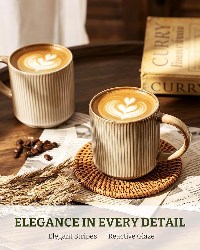famiware Coffee Mug Set for 4, Star 12 oz Catering Mugs Cup Set with Handle for Coffee, Tea, Cocoa, Milk - Ceramic Stoneware Drinkware Set, Cream