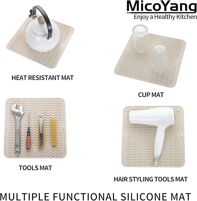 MicoYang Silicone Dish Drying Mat for Multiple Usage,Easy clean,Eco-friendly,Heat-resistant Silicone Mat for Kitchen Counter or Sink,Refrigerator or Drawer liner Tapioca M 12 inches x 12 inches