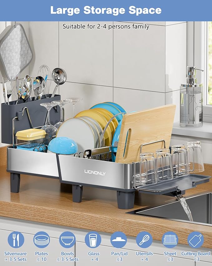 Dish Drying Rack, 304 Stainless Steel Expandable Dish Rack with Adjustable Drain Spout, Large Capacity Dish Drainer with Utensil Holder, Cup Holder and Cutting Board Rack for Kitchen Counter, Gray