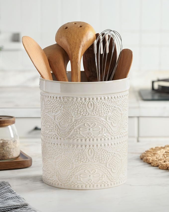 FUN ELEMENTS Kitchen Utensil Holder, 7.2" Super Large Utensil Crock Heavy and Stable Lace Emboss Ceramic Utensil Holder for Kitchen Counter (Lace Emboss)