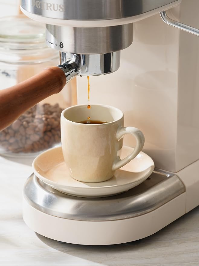 famiware Glacier Espresso Cups with Saucers Set of 4, 3oz Espresso Cup Set, Coffee Mug Set for Latte, Macchiato, Stoneware Demitasse Cups Set for Cafe, Microwave&Dishwasher Safe, Honey Beige