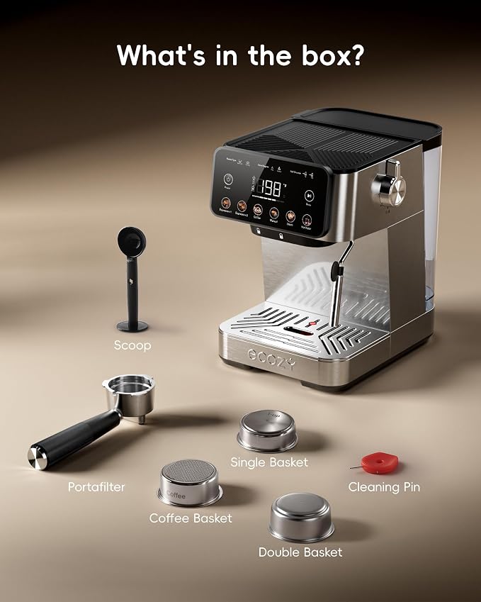 ecozy 2-in-1 Espresso Machine with Milk Frother, Guided Touchscreen | Coffee Maker Combo for Brewing Barista-quality Coffee, Lattes, Cappuccinos, and Americanos at Home