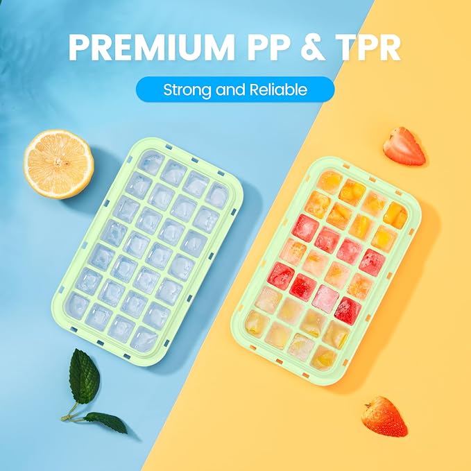 PHINOX Ice Cube Tray With Lid and Bin, Ice Trays for Freezer, Flexible Ice Cube Trays, Making 56 pcs Ice Cubes, Chilling Cocktail, Whiskey, Coffee, with 2 trays, Ice Container, Scoop&Cover, BPA Free