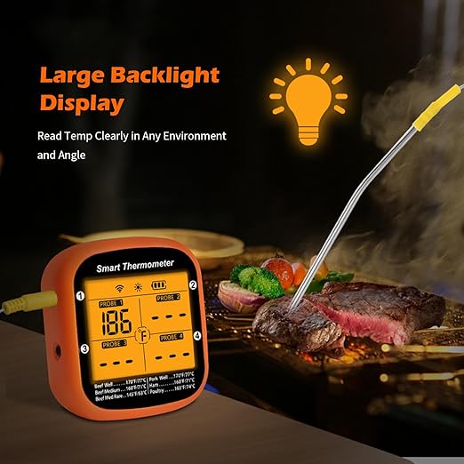 YFL Wireless Meat Thermometer with 4 Color Probes, Bluetooth Smart BBQ Thermometer for Grilling & Smoker, Magnetic Kitchen Thermometer165ft Range Digital Remote App Monitor