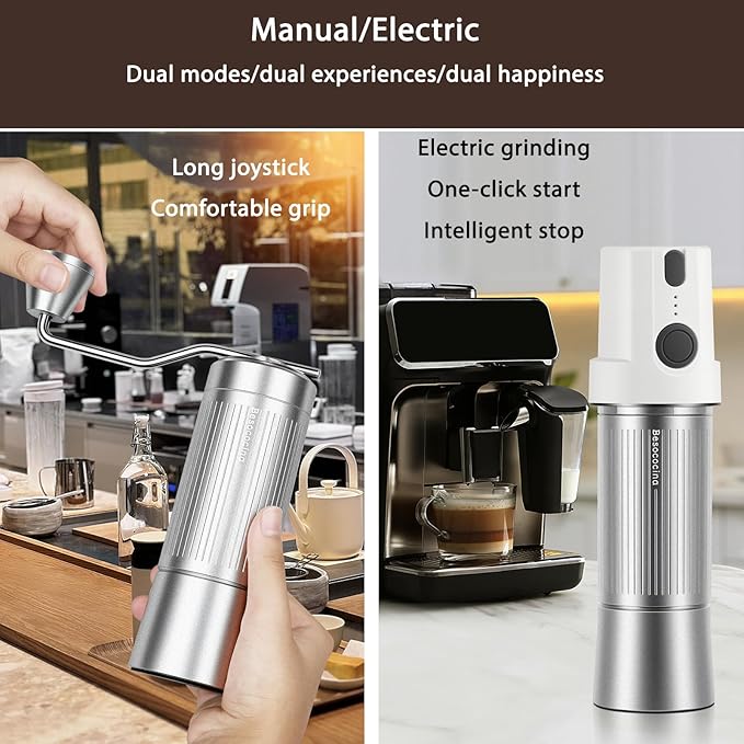 Burr Coffee Grinder Electric and Manual 2 in 1, Manual Burr Coffee Grinder with 40mm Burr, Compact Portable Coffee Grinder for Espresso Coffee, French Press, Home, Travel, Camping