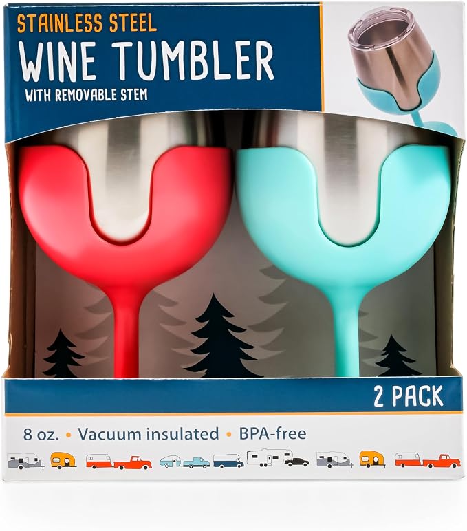 Camco Life is Better at The Campsite 8 oz Wine Tumbler 2 Pack - Heavy Duty Double Wall Vacuum Insulation - Crafted of 18/8 Stainless Steel - Features Removable Blue & Pink Stems (51915)
