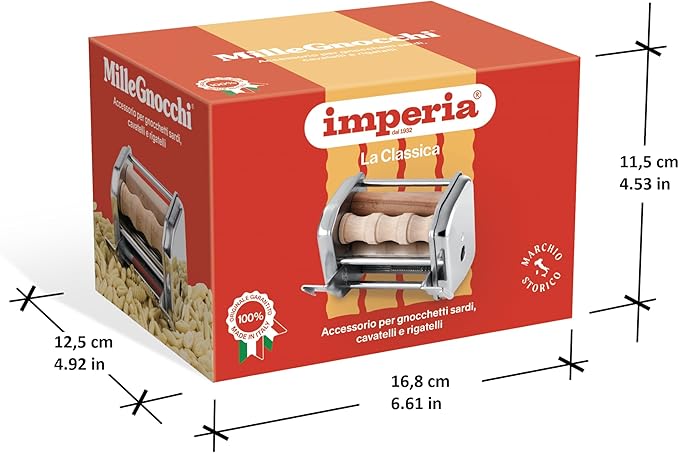 Imperia Mille Gnocchi Pasta Cutter Attachment- Heavy Duty Steel Construction- Machine Accessory cuts Fresh Homemade Gnocchi, Cavatelli & More- Made in Italy, Easy to Use Wooden Roller- Italian Gift