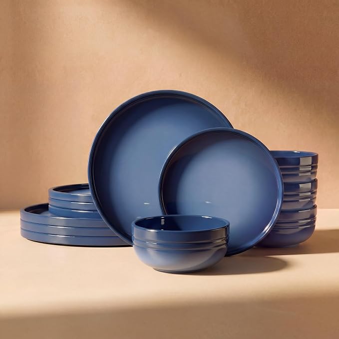 SMIRLY Stoneware Dinnerware Set for 4, 12-Piece Ceramic Plates and Bowls Set, Chip & Scratch Resistant Dish Set, Microwave, Dishwasher & Oven Safe for Everyday Meals, Blue