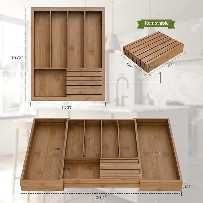 Bamboo Kitchen Silverware Drawer Organizer - Expandable Wood Utensil Holder with Dividers, Luxury Cutlery Storage Tray for Kitchen Utensil and Flatware (5-7 Slots with Removable Knife Block, Walnut)