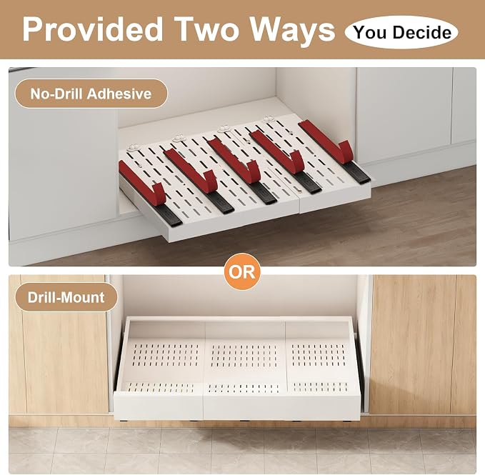 Pull out Cabinet Organizer,Width (23"-31") and Depth (17"-24") Expandable With 5 Rails,No Drill Adjustable Slide out Drawers for Kitchen,Pantry,Adhesive Roll out Shelves,for Cabinets Without Lip,White