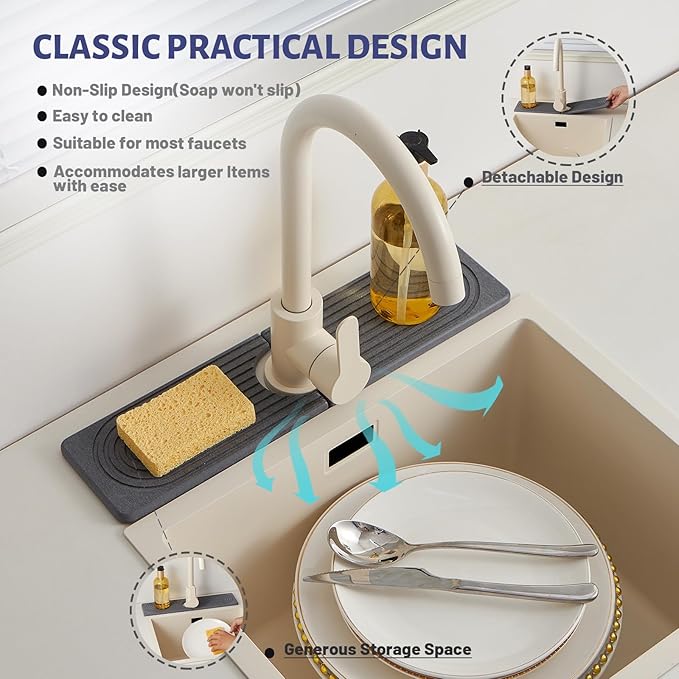 Stone Faucet Mat for Kitchen Sink, Faucet Mat Fast Drying Diatomite, Sink Splash Guard Water Absorbing Stone Tray for Sink, Counter Protector for Kitchen & Bathroom