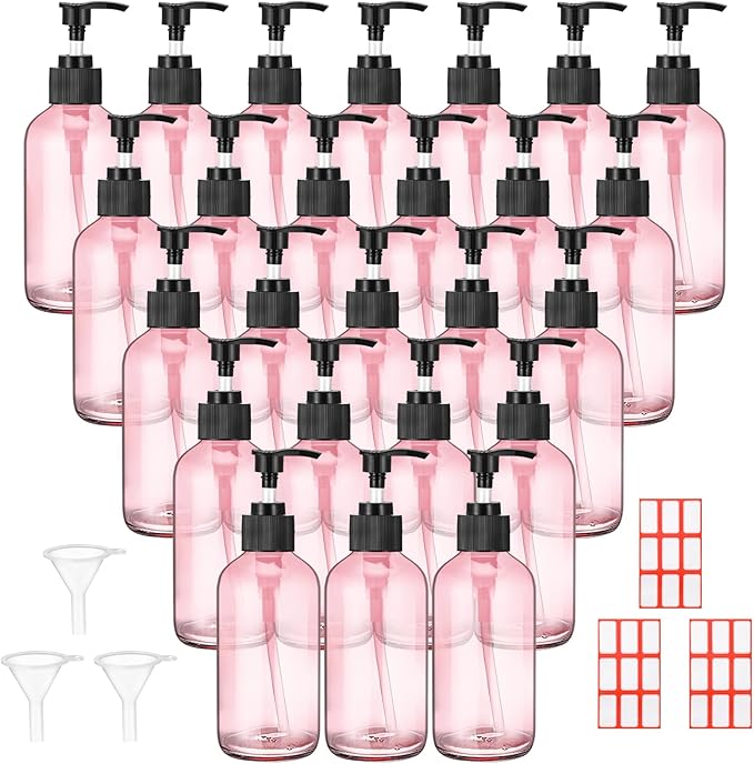Tanlade 24 Pcs 8 oz Glass Pump Bottle Empty Bottle Glass Soap Dispenser with Pump Refillable Containers and Labels Funnels for Essential Oils Cleaning Products Lotions Conditioner(Pink)