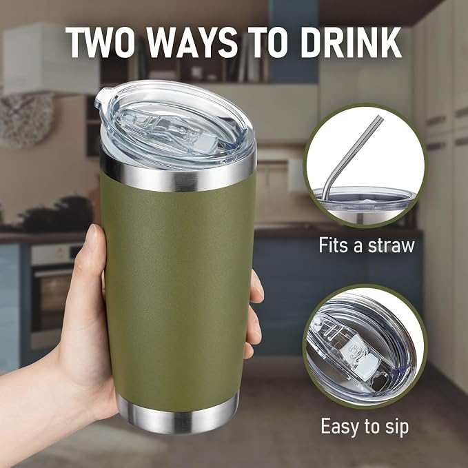 COMOOO 20oz Tumbler 8 Pack Double Wall Vacuum Insulated Travel Mug, Stainless Steel Tumbler with Lid and Straw Durable Powder Coated Insulated Coffee Cup for Cold & Hot Drinks,army green, 8 pack