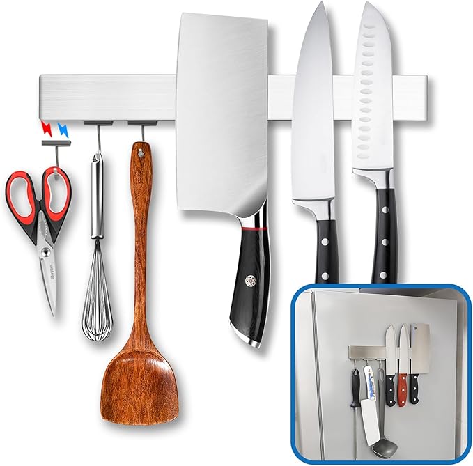 YIIYIIN 14 Inch Magnetic Knife Holder for Fridge with Magnetic Hooks -Double Sided Refrigerator Magnetic Knife Strip - 304 Stainless Steel Kitchen Utensil Holder/Hanger/Rack/Bar