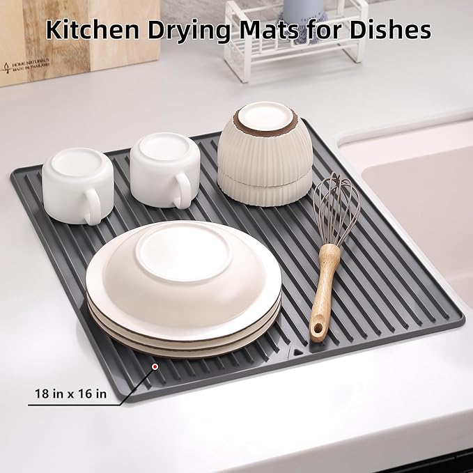 Silicone Dish Drying Mat, 16 x 18-inch Large Drying Mat for Kitchen Counter | Thicker Silicone Dish Drainer Pad for Countertop, Sink, Refrigerator or Drawer liner | Soft & Heat Resistant