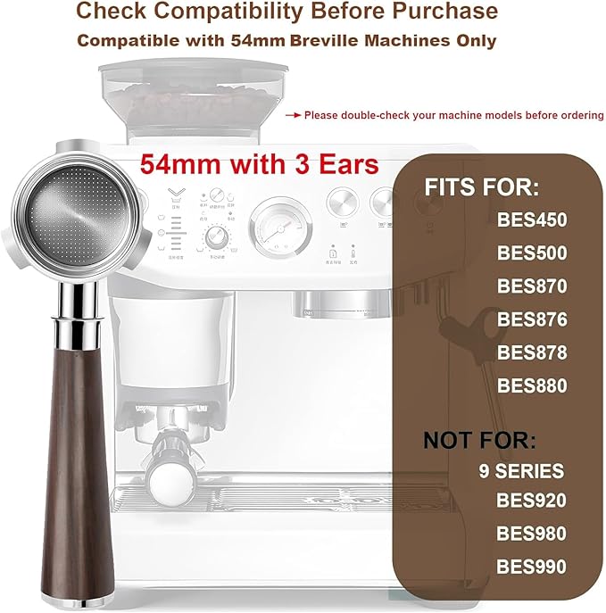 54mm Bottomless Portafilter for Breville BES870/878/880 | Barista Express/Pro/Touch | 304 Stainless Steel & Ebony Handle | Includes 18g Filter Basket