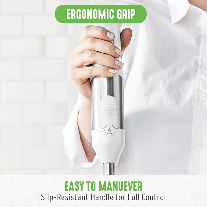 GreenLife 500-Watt Immersion Electric Handheld Stick Blender with Stainless Steel Blades, Whisk, Frother, Measuring Cup and Lid, Soups, Puree, Cake, Multi-Speed Control, Portable, White