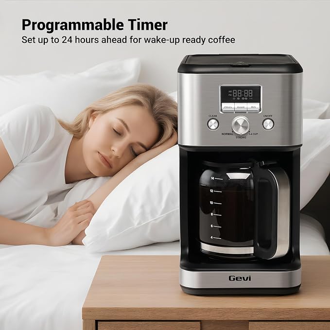 Gevi 14-Cup Programmable Coffee Maker, Drip Coffee Machine with Normal & Strong Brew for Home and Office, Glass Carafe, 2-Hour Keep Warm, Pause & Serve, Auto Shut Off, Silver
