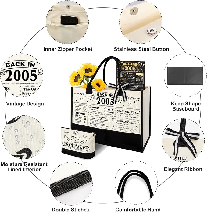 YeohJoy 21st Birthday Gift for Her Canvas Tote Bag Travel Gear, Unique 21 Years Old Birthday Gifts for Girlfriend Sister Friends Women, Vintage 2005 Handbag & Cosmetic Bag & Back in 2005 Poster