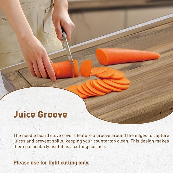 Acacia Wood Stove Cover for Gas & Electric Burners, 28.82”x20.83”x2.12'' (Inner) Noodle Board with Handles, Cutting Board with Juice Groove, Serving Tray (Natural Acacia)