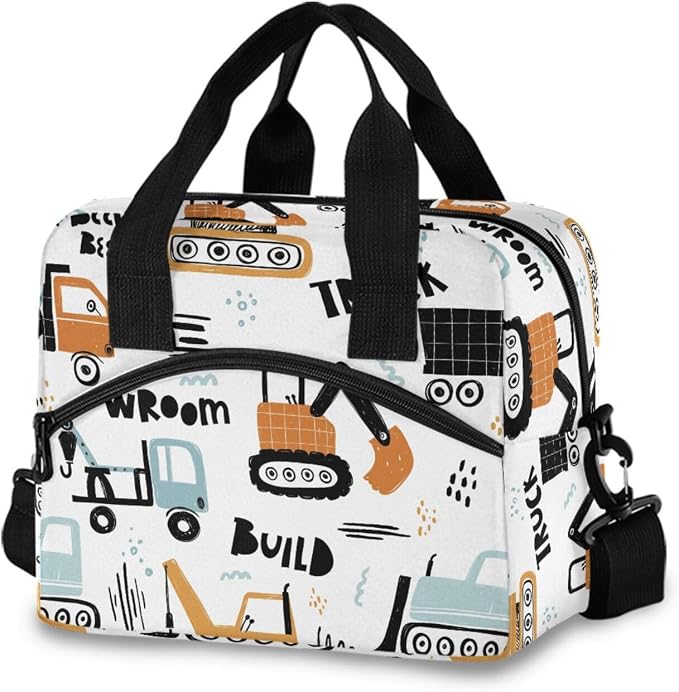 OREZI Reusable Lunch Bag for Girls Boys Women Men,Funny Construction Transport Car Lunch Box Container with Detachable Shoulder Strap,Insulated Lunch Coolers for School Office