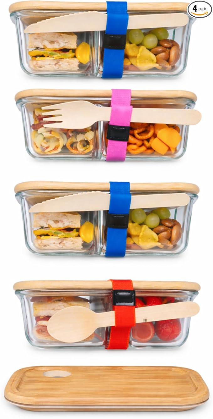 Glass Food Storage Containers with Bamboo Lids, Airtight Containers, Non Toxic Food Storage, Eco Friendly Fridge Storage Containers Includes Elastic Bands and Utensils (4 Count)
