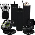 Reallnaive 6 Pcs Skinny Tumbler Bulk and Mini Portable Fans Set for Summer, 16 oz Plastic Cups with Lids Straws and Small USB Rechargeable Handheld Fan for Cooling Gift (Black)