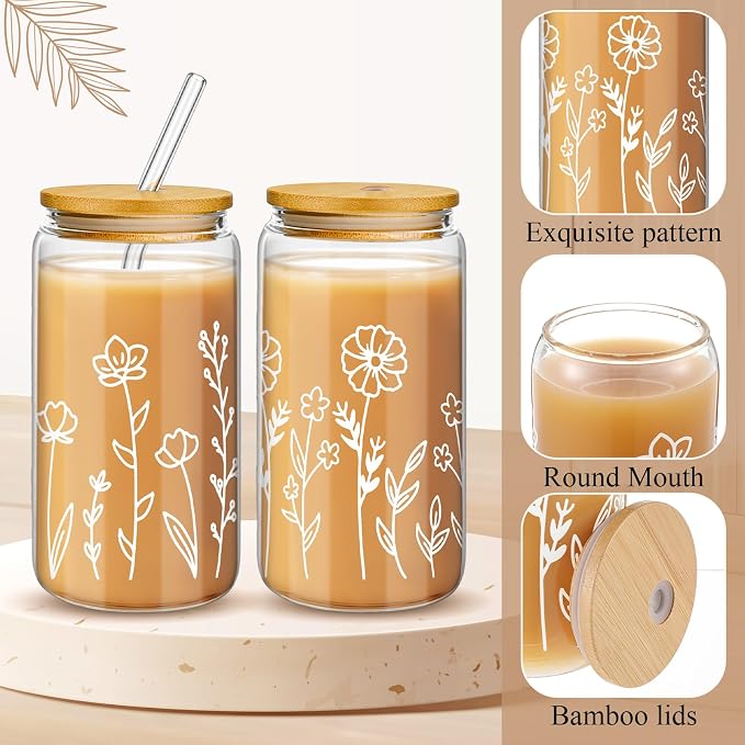 Mumufy 2 Pack Glass Cups Gift Aesthetic Cute Glass Cup Tumbler Flower Iced Coffee Mugs 16 oz with Bamboo Lid & Straw, for Wedding Birthday Bridesmaid Mom Baby Shower
