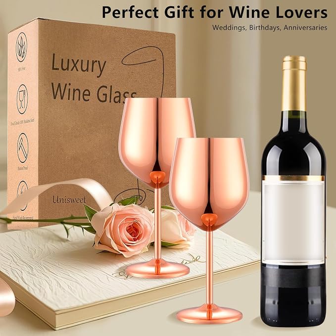 UNISWEET Stainless Steel Wine Glasses Set of 4 Unbreakable Wine Glass 18 oz Unique Metal Wine Goblets for Outdoor, Travel, Camping, Pool, Ideal Gift for Wine Lovers (Mirror-Rose Gold)