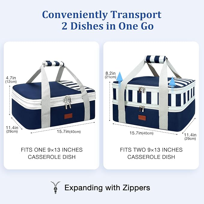 Expandable Casserole Carrier Bag - Double Decker Food Bag, Insulated Casserole Carrier for Hot or Cold Food, Lasagna Holder Tote for Picnics,Beaches,Traveling or Gifts
