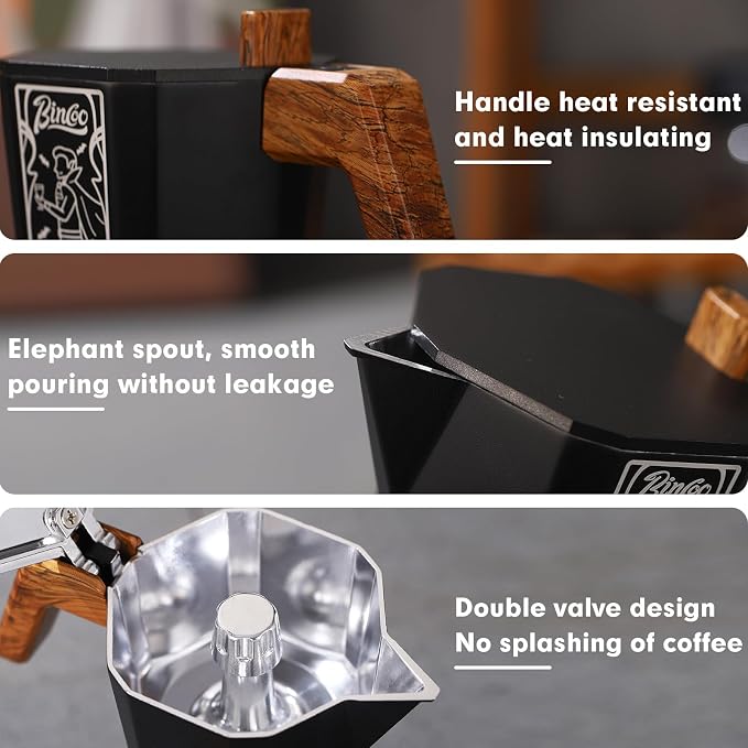 Bincoo 120ML Stovetop Espresso Maker Double Valve Moka Pot with Thermostat Extractor Prevent over-extraction,Italian Espresso Moka Pot with Powder Dispenser and Filter Paper for Home (Black 120ML)