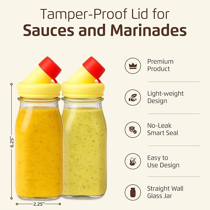 kitchentoolz Salad Dressing Shaker Bottle – 12oz Glass Bottle with Silicone Pour Spout and Tamper-Proof Lid for Sauces and Marinades - Pack of 4