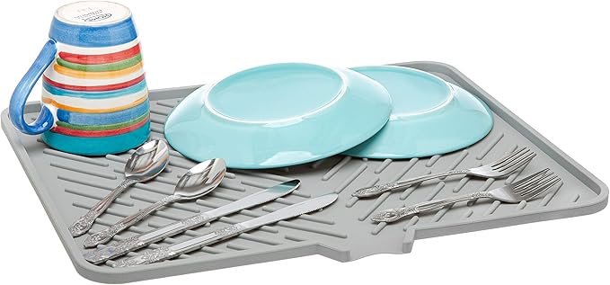 Luxet Silicone Dish Drying Mat with Built-in Drain Lip - Hygienic Drying Pad - Sturdy Compact Easy to Clean Tray Protects Surfaces Prevents Water Build Up -16.5 x 13 Inches (grey)