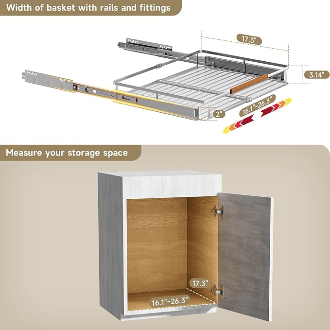 2 Pack Expandable Pull Out Cabinet Organizer，Side Mounting 16.3~26.3"x17.3"Cabinet Pull Out Shelves, Expandable Slide Out Spice Rack for Kitchen Bathroom Office