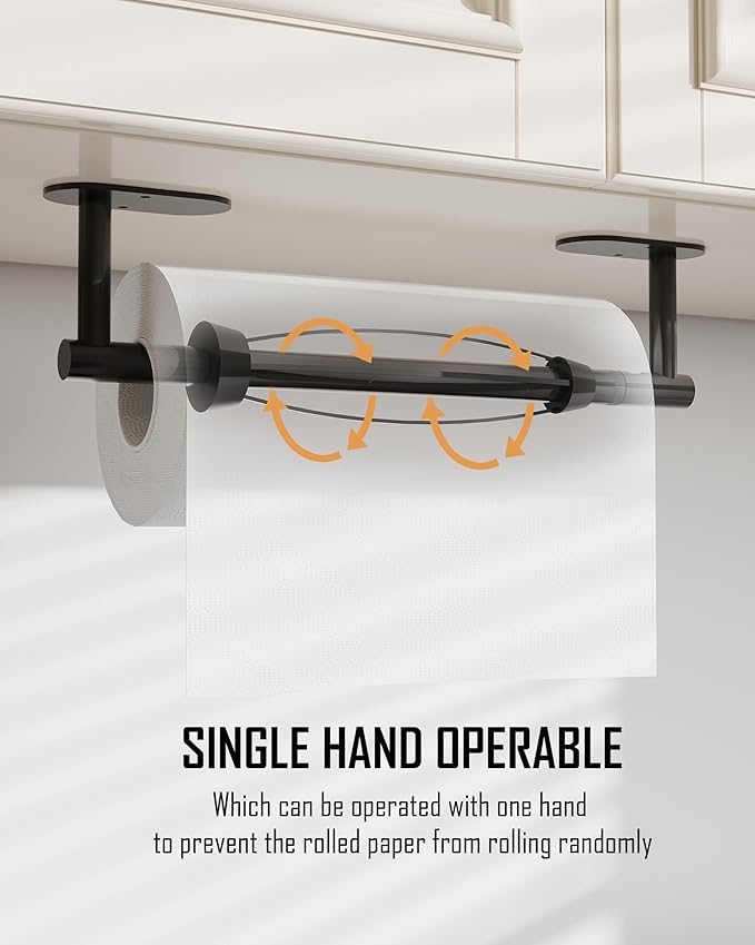 Paper Towel Holder Under Cabinet, Single Hand Operable Roll Holder with Damping Effect,No Drilling or Wall Mounted SUS304 Stainless Steel for Kitchen Bathroom (Matte Black)