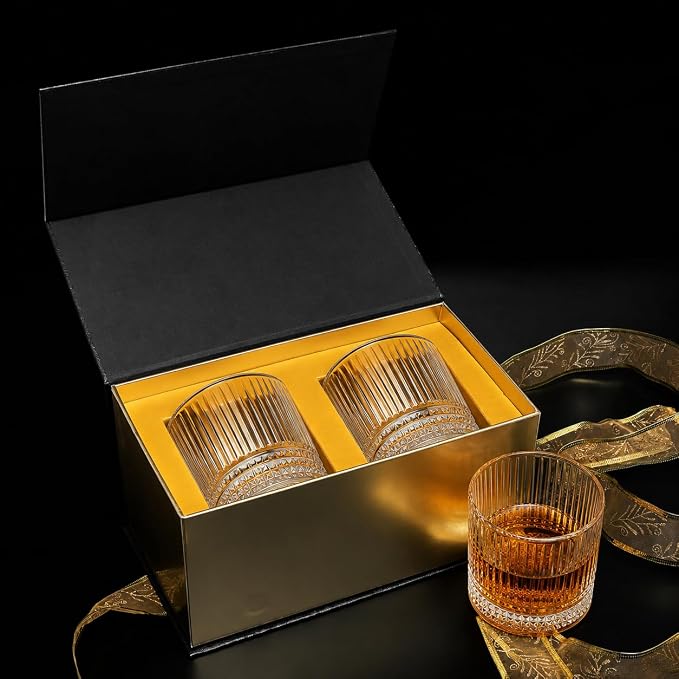 Vintage Whiskey Glasses Set of 2, 12 oz Crystal, Luxury Gift Box | Old fashioned, ribbed design, gift-ready box, birthday, Father's Day, Christmas, gifts for men, home barware