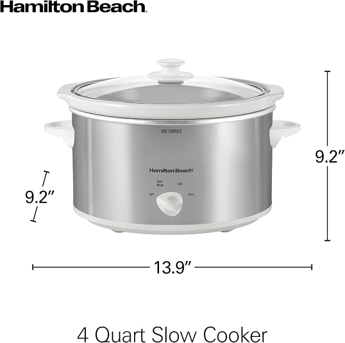 Hamilton Beach 4-Quart Slow Cooker with 3 Cooking Settings, Dishwasher-Safe Stoneware Crock & Glass Lid, Stainless Steel (33140G) | Dishwasher-Safe Stoneware Crock & Glass Lid | Stainless Steel | 33140G