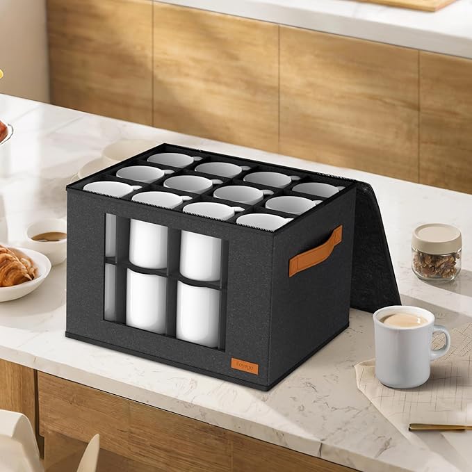 2-Layer Coffee Mug Storage Box with Dividers, Coffee Cup Storage Organizer with Zipper Lid and Handles, Stackable Mug and Cup organizer Service for 24 Coffee Mugs, Cups and Glasses, Dark Grey