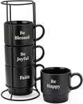 Signature Housewares Stackable Coffee Mug Tower Set with Metal Wire Rack - 15 Ounce Coffee Mugs for Coffee, Tea, Cocoa, Milk, Cappuccino, Hot Chocolate Set of 4 - Be Happy Matte Black