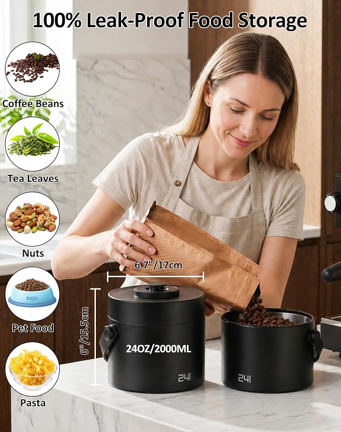 ROTTOGOON Auto Vacuum Coffee Canister, Rechargeable Airtight Coffee Container with 304 Stainless Steel Inner, Scoop, Handle,Sealed Coffee Bean Storage Container for Ground Coffee, Tea, Food, 24OZ/ 2L