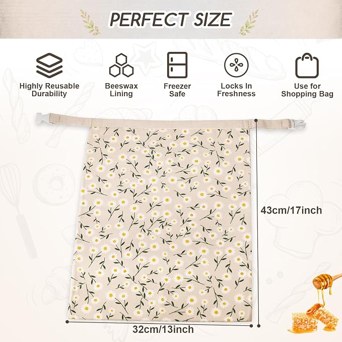 Beeswax Bread Bags for Sourdough, 2 Pack Reusable Bread Bag for Storage XL 17x13 Inch, Daisy Print Bread Bags for Homemade Sourdough - Keep Fresh, Freezer Safe