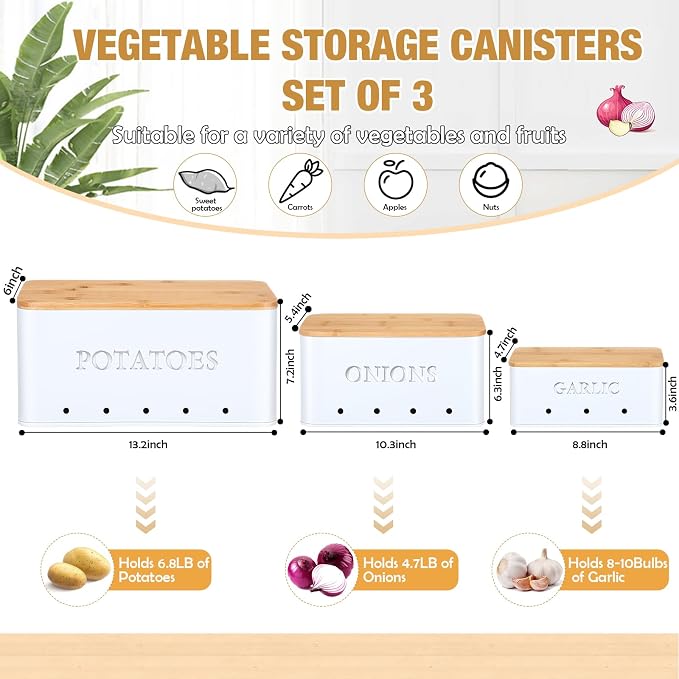 Honeydak 3 PCS White Potato Onion Garlic Storage Bins Set, Metal Vegetable Keeper Containers with Lids Aerating Holes for Kitchen Counter Pantry Keep Fresh Longer Farmhouse for Sweet-potato Fruit