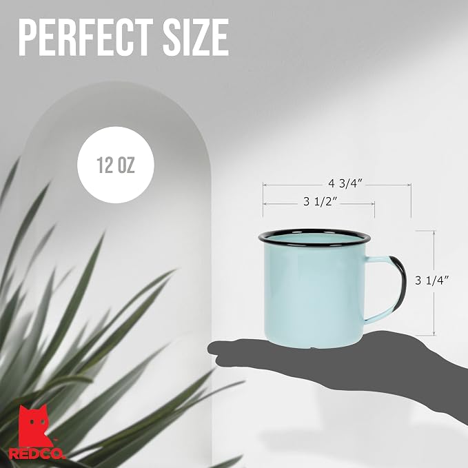 Red Co. Set of 6 Enamelware Metal Medium Classic 12 Oz Round Coffee and Tea Mug with Handle, Distressed Aqua/Black Rim