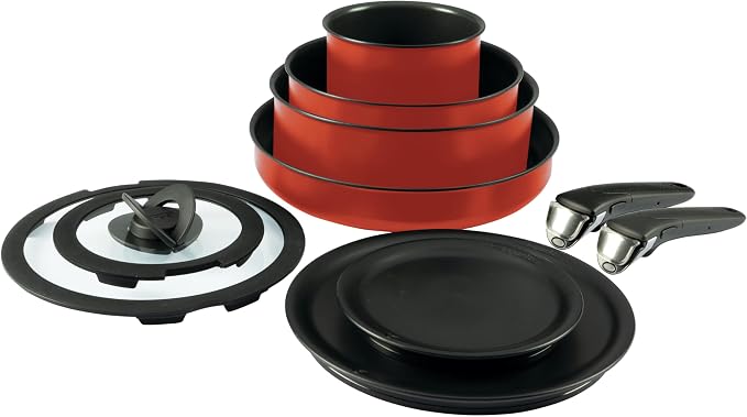 T-fal Ingenio Nonstick Cookware Set 10 Piece, Induction, Oven Broiler Safe 500F, Cookware, Pots and Pans, RV, Camping, Oven, Broil, Dishwasher Safe, Detachable Handle, Red