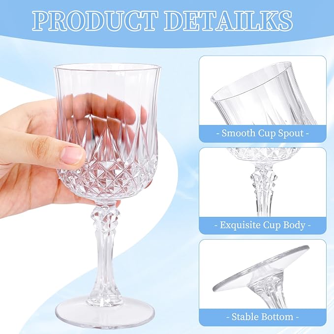 48 Pack Transparent Plastic Wine Glasses, Vintage Plastic Goblets for Parties, Drinking Glasses Unbreakable Glassware Crystal Water Goblets Reusable Drinkware for Wedding Reception Grand Event Party