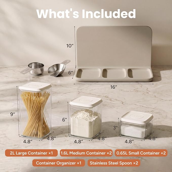 SMIRLY 8-Pcs Airtight Food Storage Containers Set with Countertop Organizer,One-Press Air Tight Pantry Storage Containers, BPA-Free ABS,Stainless Steel Spoon & Scoop for Cereal, Flour (cream white)