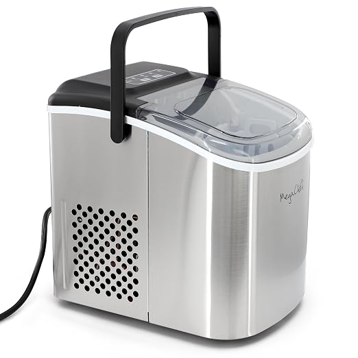 MegaChef 26 Pound Countertop Bullet Ice Maker, Basket and Scooper, Countertop Ice Machine, Easy-Carry Portable Ice (Silver)