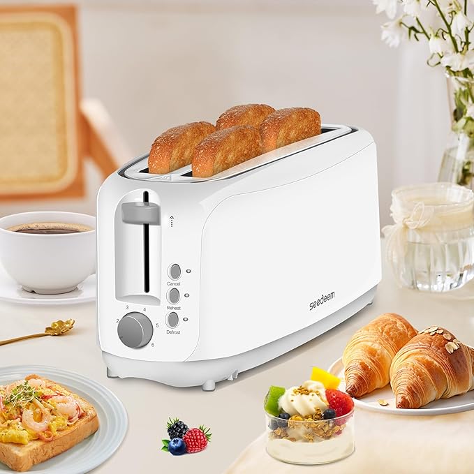 SEEDEEM 4 Slice Toaster, Extra Wide Slots Bread Toaster with 6 Shade Settings, Bagel/Cancel/Defrost/Reheat Functions, Removable Crumb Tray, Auto Shut-Off, White
