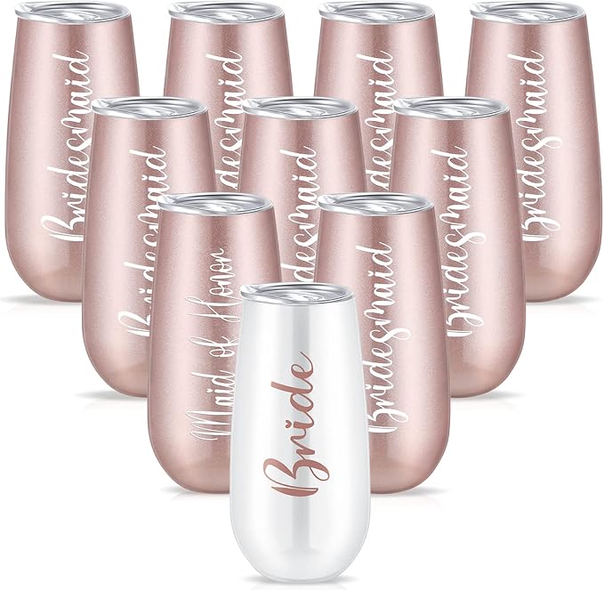Amyhill Bridesmaid Wine Tumblers, Bride Champagne Flute Maid of Honor Bride Mugs, 6 oz Stainless Steel Bridesmaid Proposal Gifts for Engagement Wedding Bachelorette Party Supplies (Set of 10)
